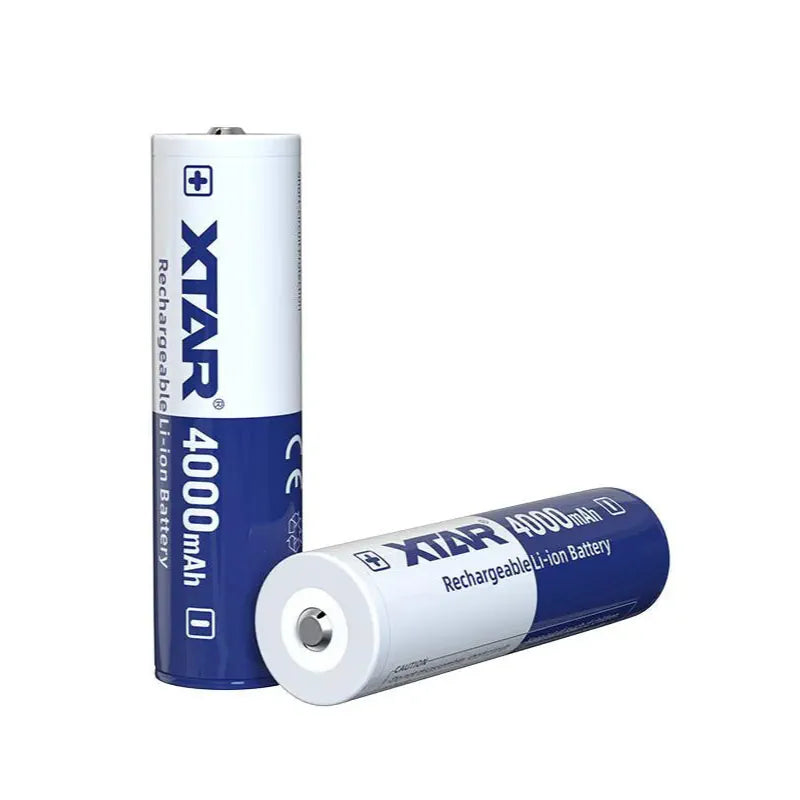 Two Xtar rechargeable lithium-ion batteries on a white background