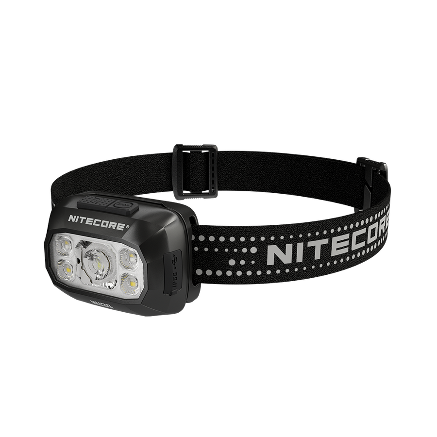 Nitecore headlamp with black strap on a white background