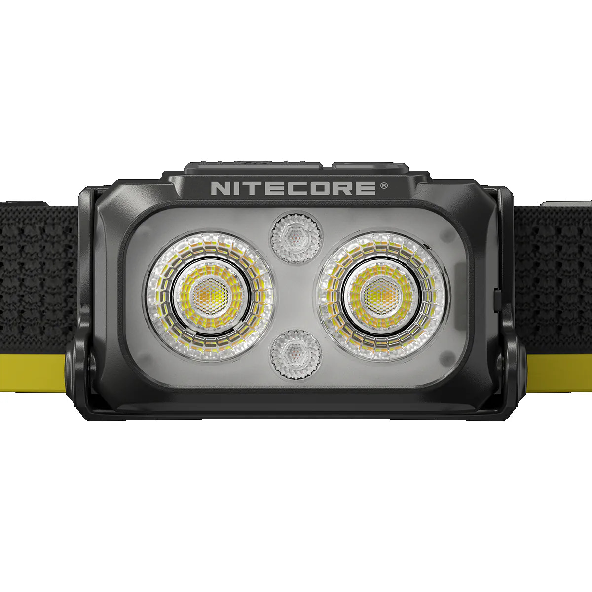 Nitecore headlight with dual LED lights on a white background