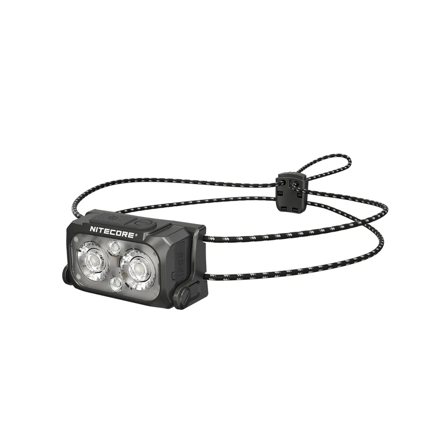 Nitecore LED flashlight with a lanyard on a white background