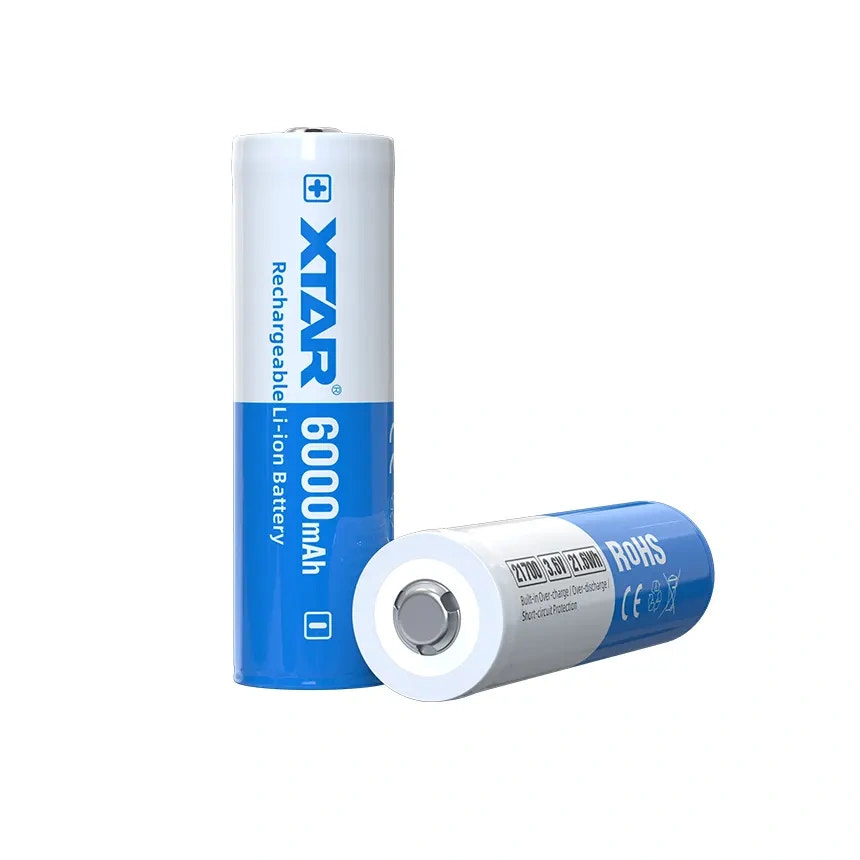Two rechargeable lithium batteries with XTAR branding on a white background