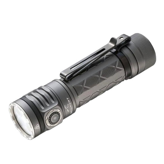 Grey flashlight with geometric design on a white background