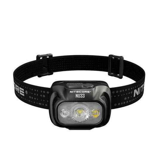 Nitecore NU33 headlight with black strap on a white background