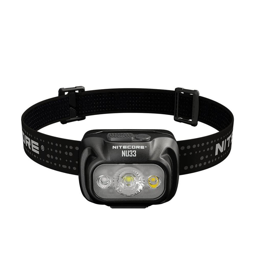 Nitecore NU33 headlight with black strap on a white background