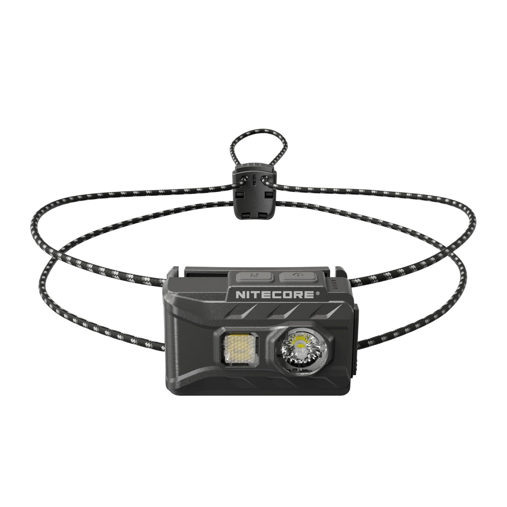 Nitecore headlight with a black strap on a white background