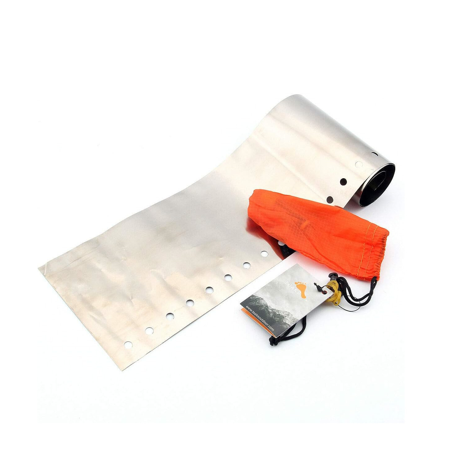 Titanium sheet with holes, orange drawstring bag, and product card on a white background