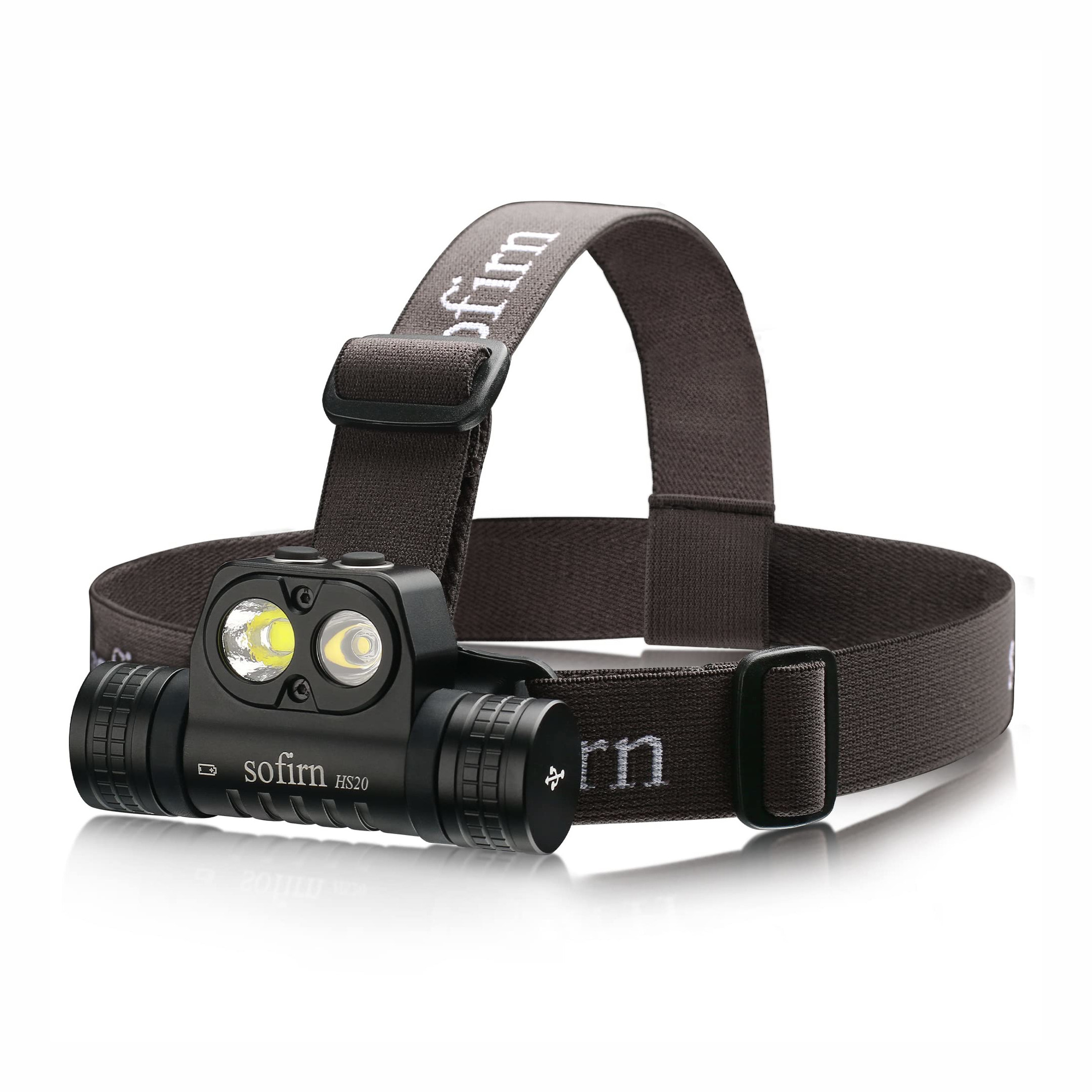 Black headlamp with brown strap on a white background