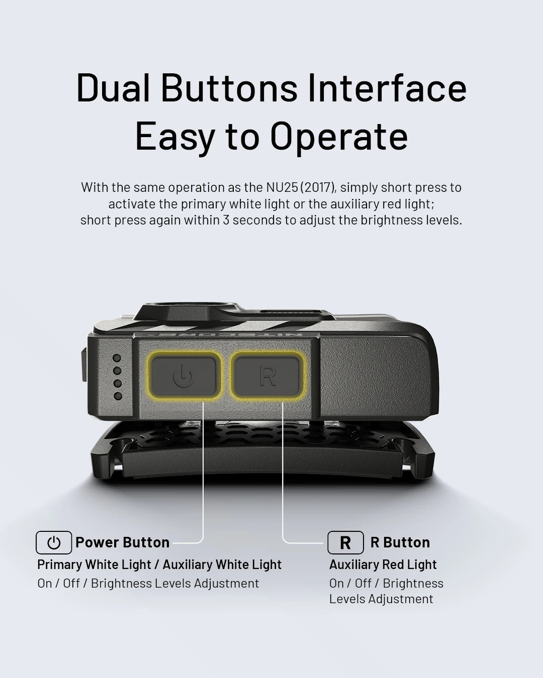 Light device with dual buttons labeled Power and R, on a light gray background.