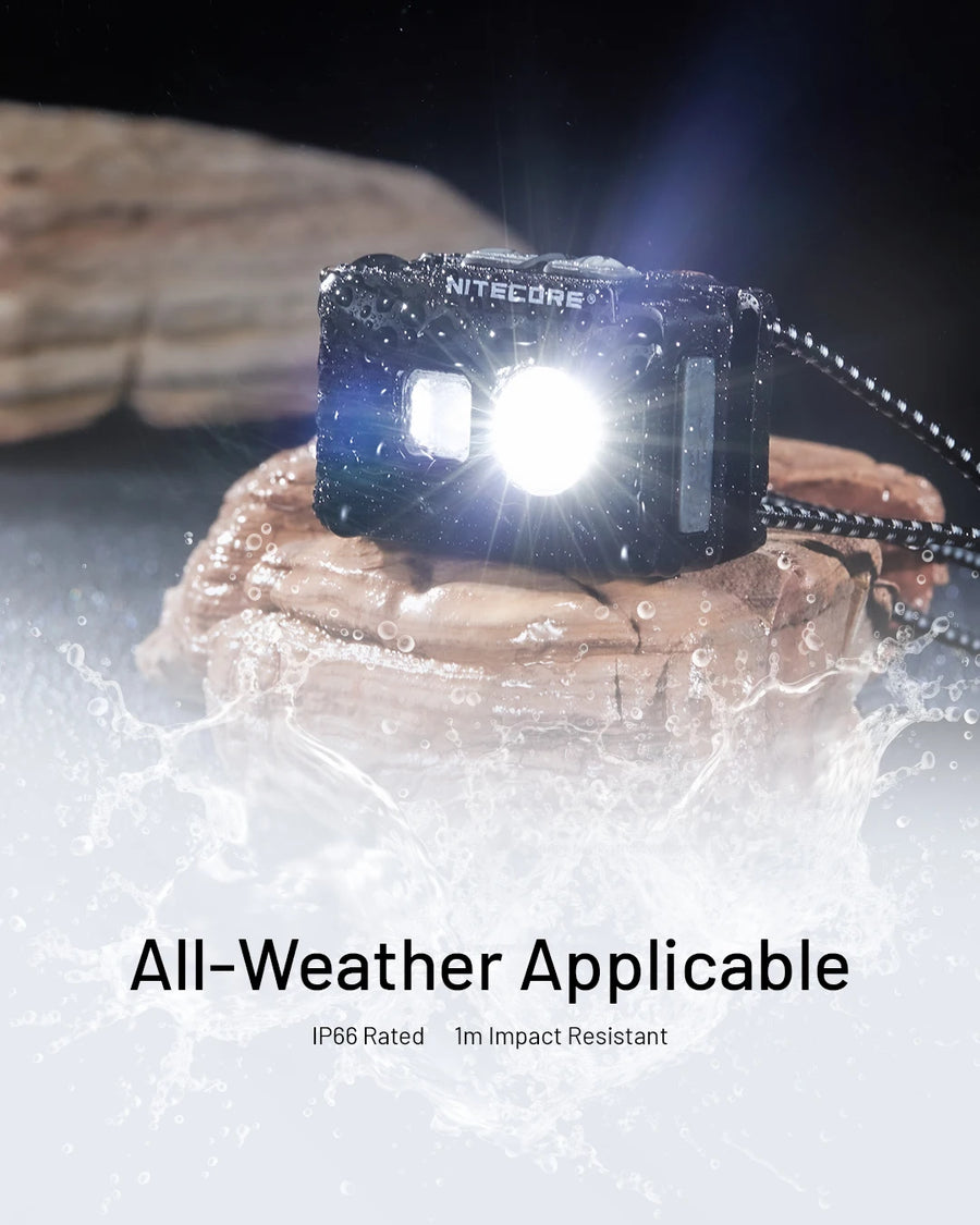 Nitecore headlight on a rock with water splashing, labeled 'All-Weather Applicable' and 'IP66 Rated'.