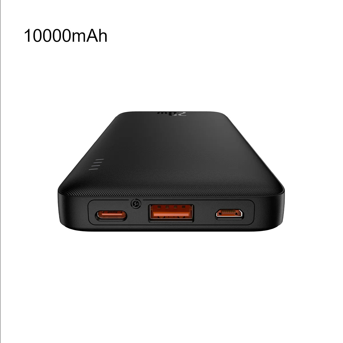 Black power bank with multiple ports on a white background