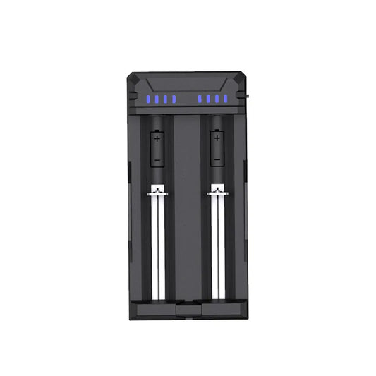 Black battery charger with two slots on a white background