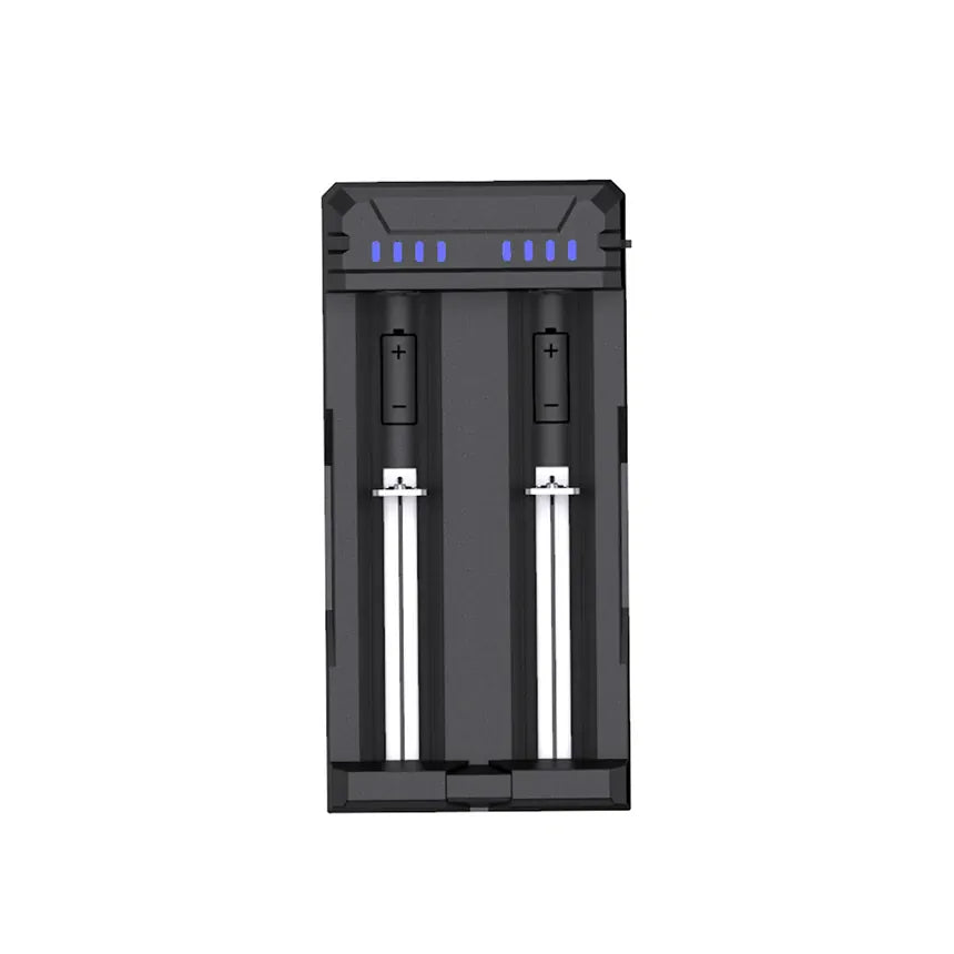 Black battery charger with two slots on a white background