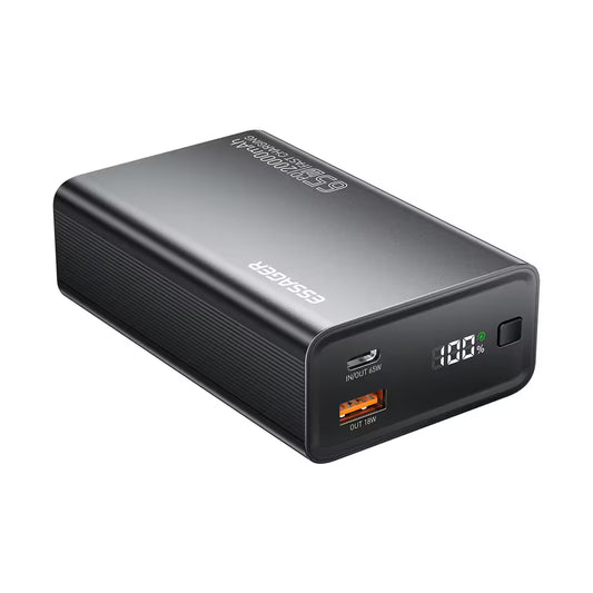 Portable power bank with digital display on a white background