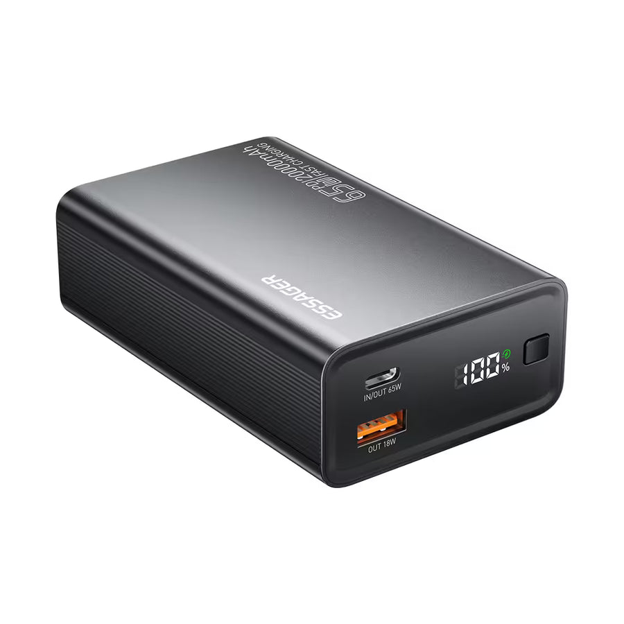 Portable power bank with digital display on a white background