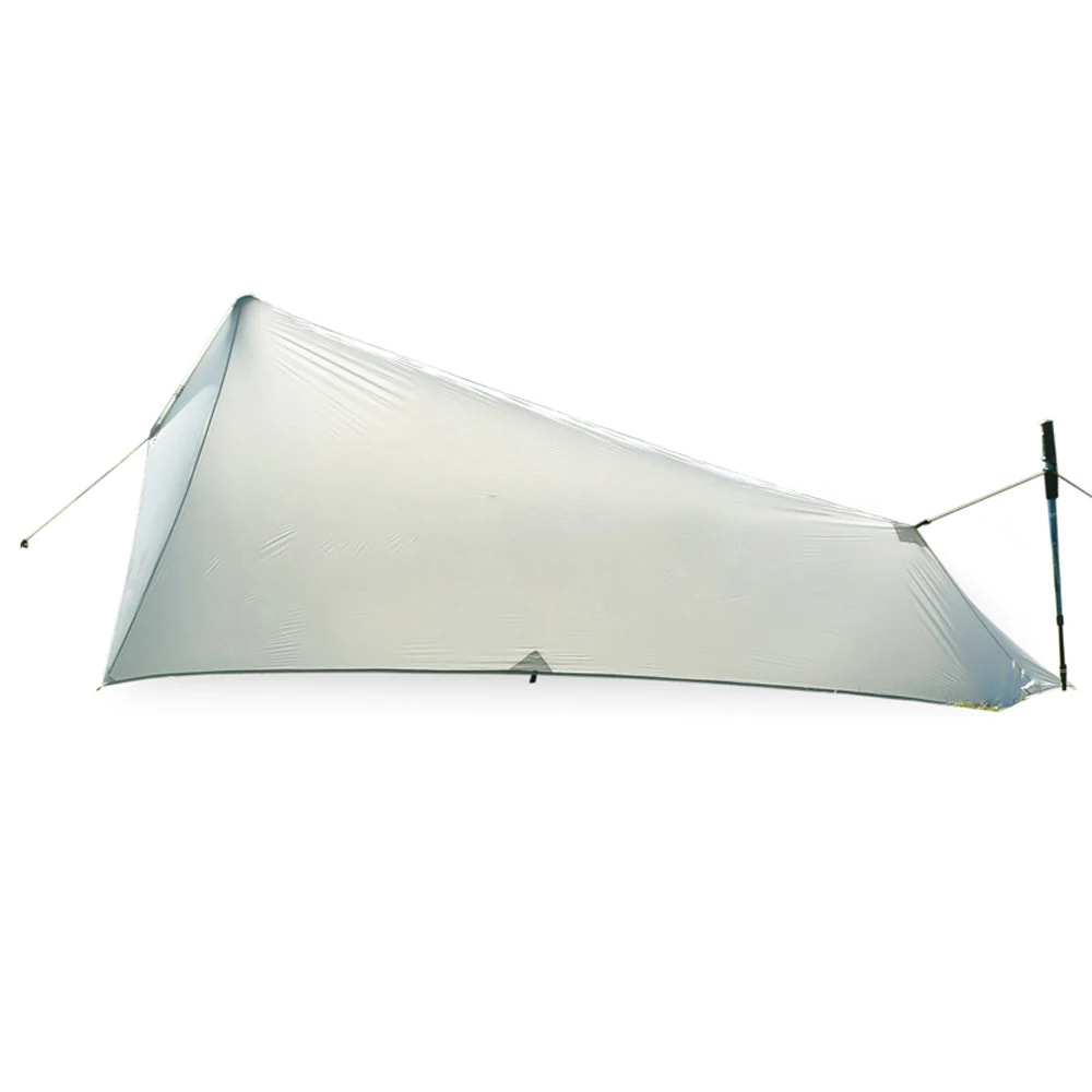 Lightweight camping tarp with poles on a white background