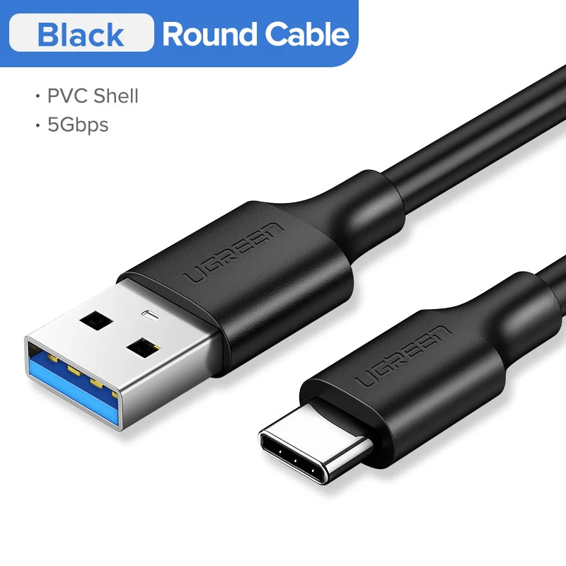 Black round cable with USB and Type-C connectors on a white background