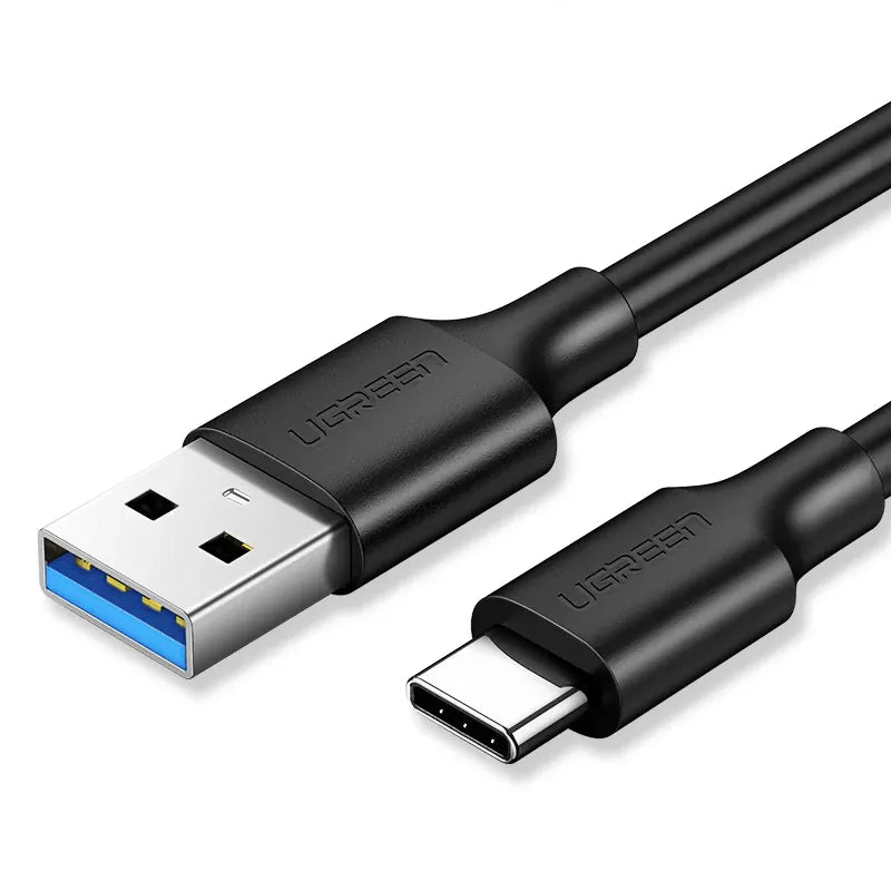 USB cable with USB Type-A and USB Type-C connectors on a white background