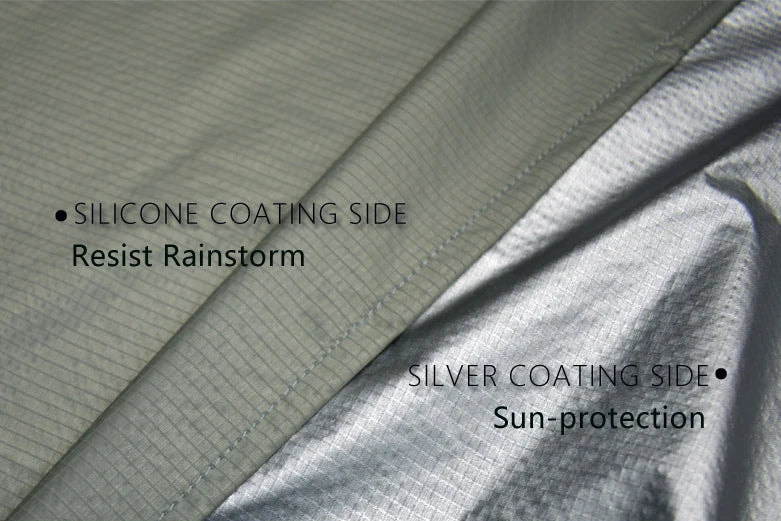 Close-up of silicone and silver coated fabric with text indicating properties.