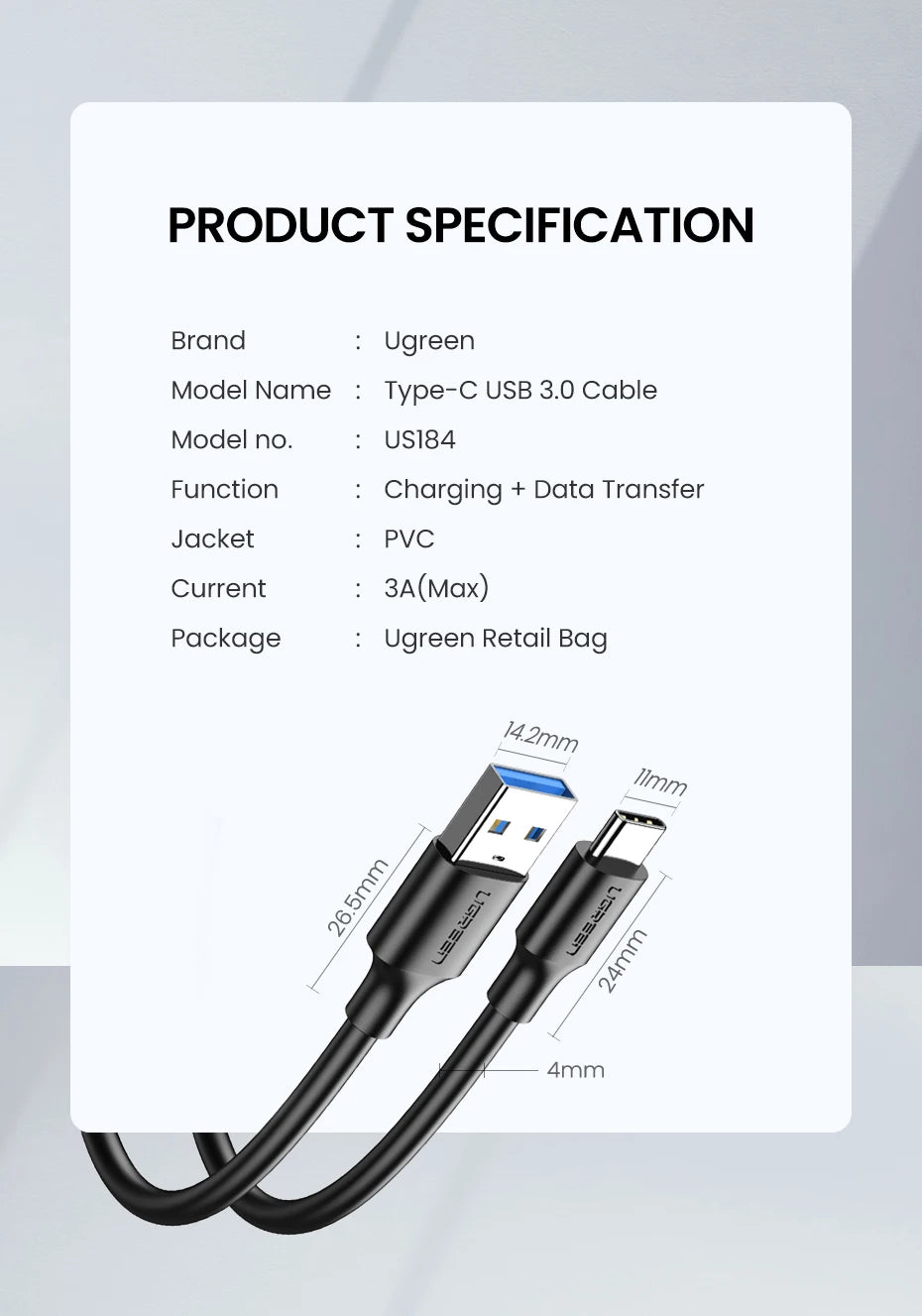 Product specification card for Ugreen Type-C USB 3.0 cable on a light gray background
