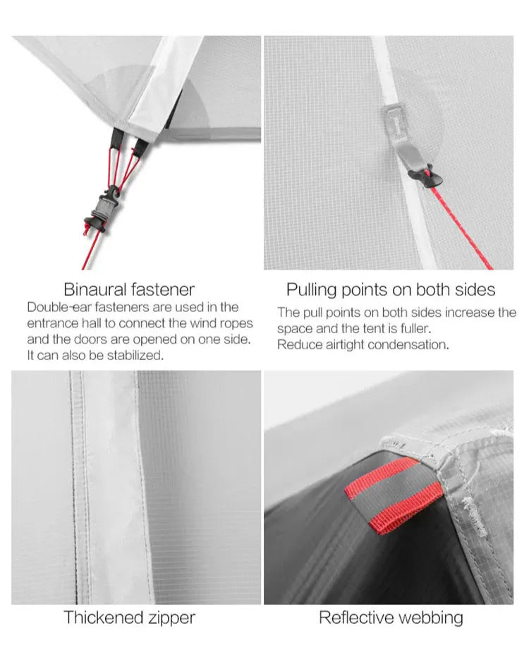 Collage of features including binaural fastener, pulling points, thickened zipper, and reflective webbing on a tent.