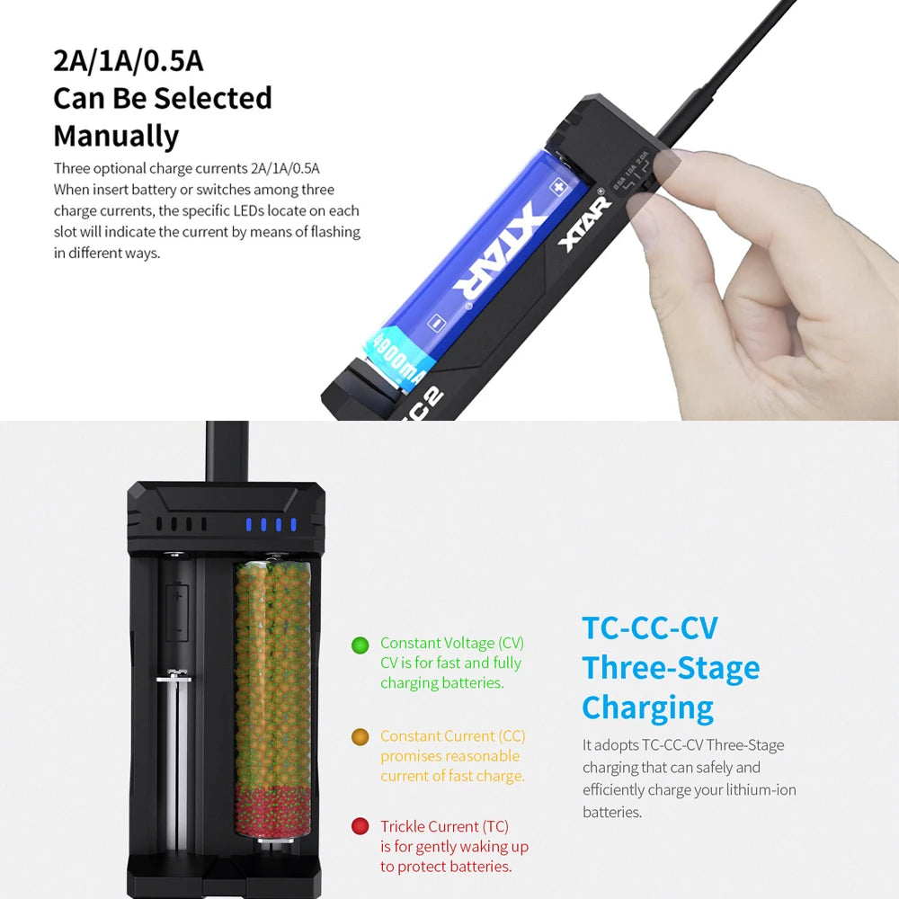 XTAR battery charger with text on charging options and features