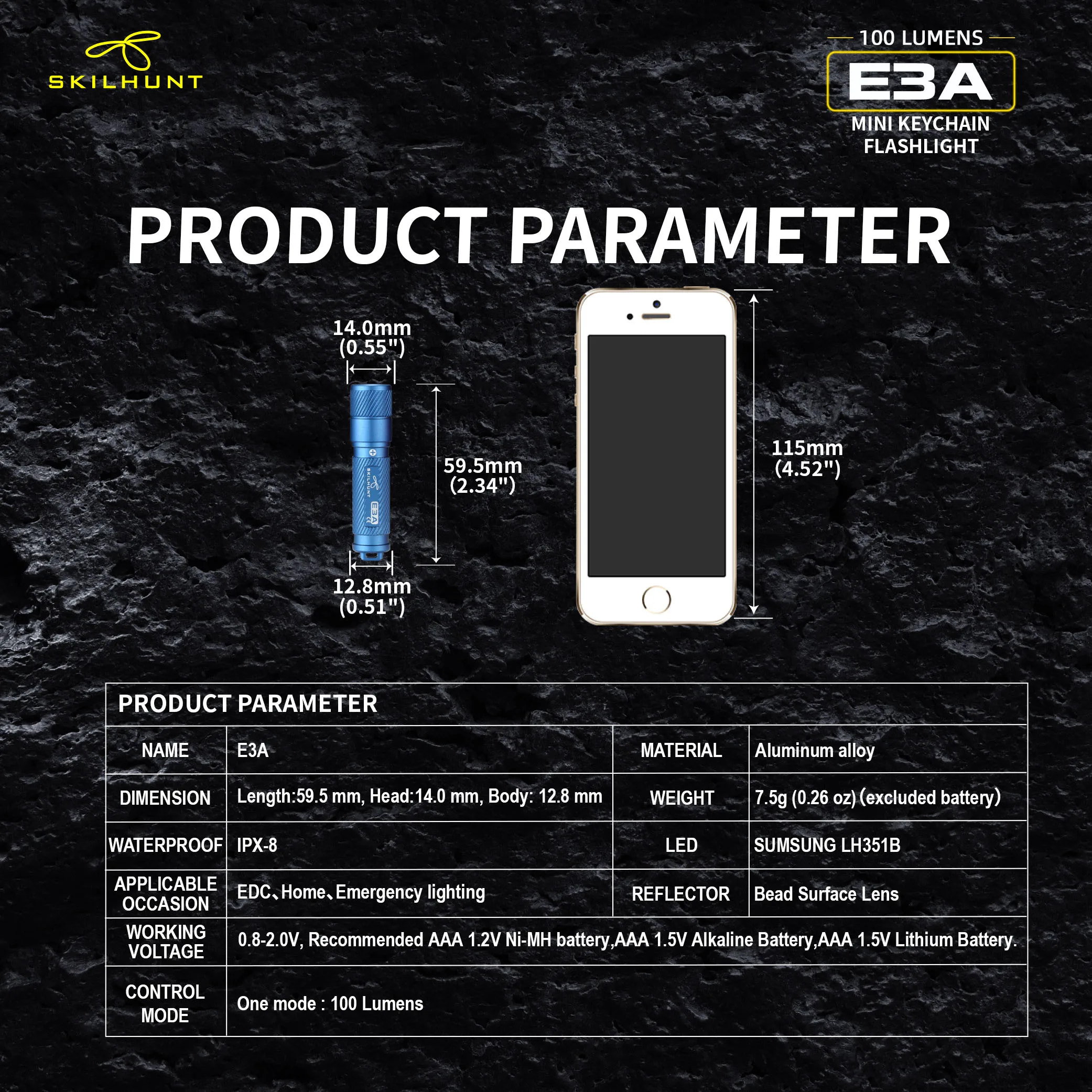 Product parameter card for a mini keychain flashlight with dimensions and features on a dark background.