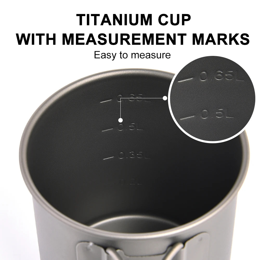 Titanium cup with measurement marks on a white background