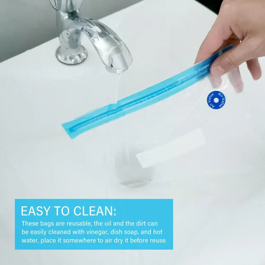 Reusable bags being used with a sink, with text about cleaning.