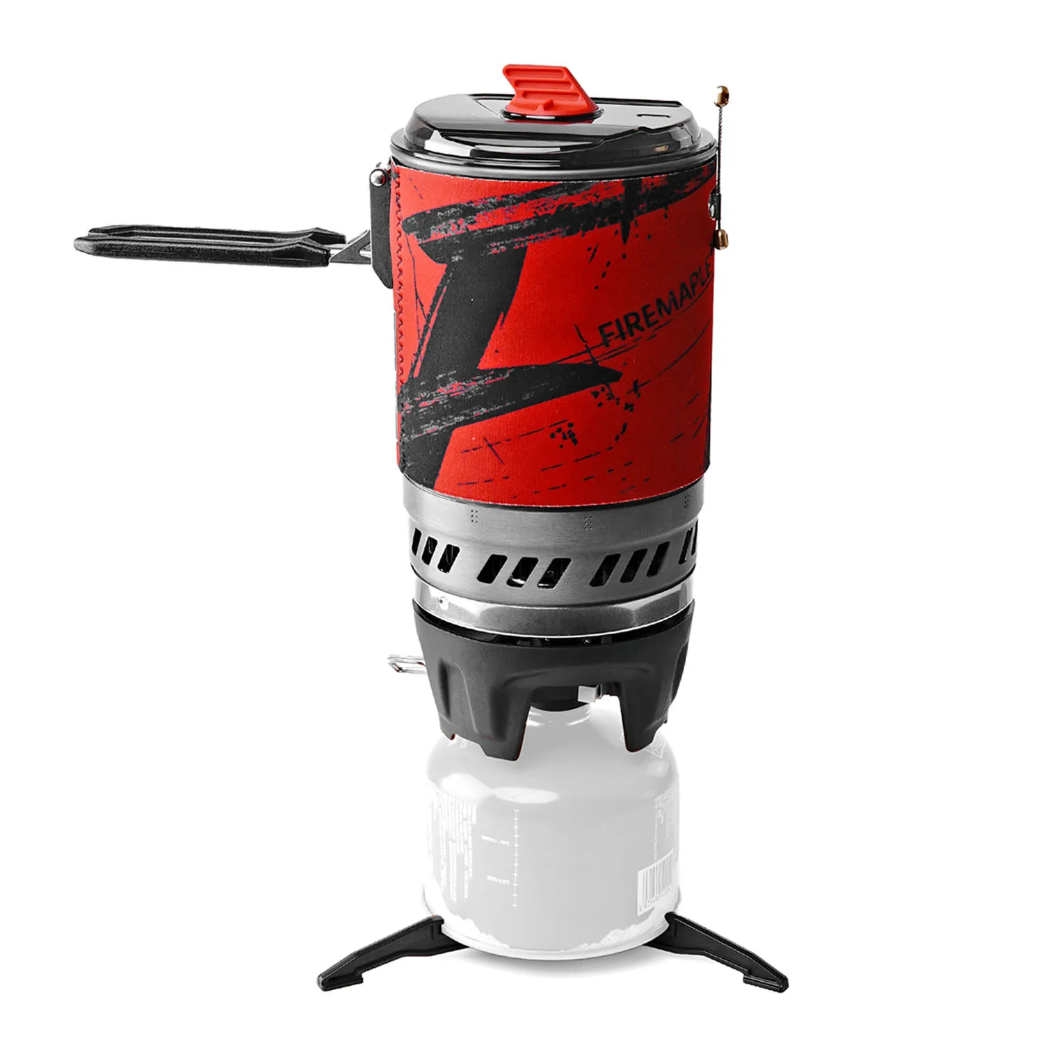 Red and black camping stove with a visible brand logo on a white background