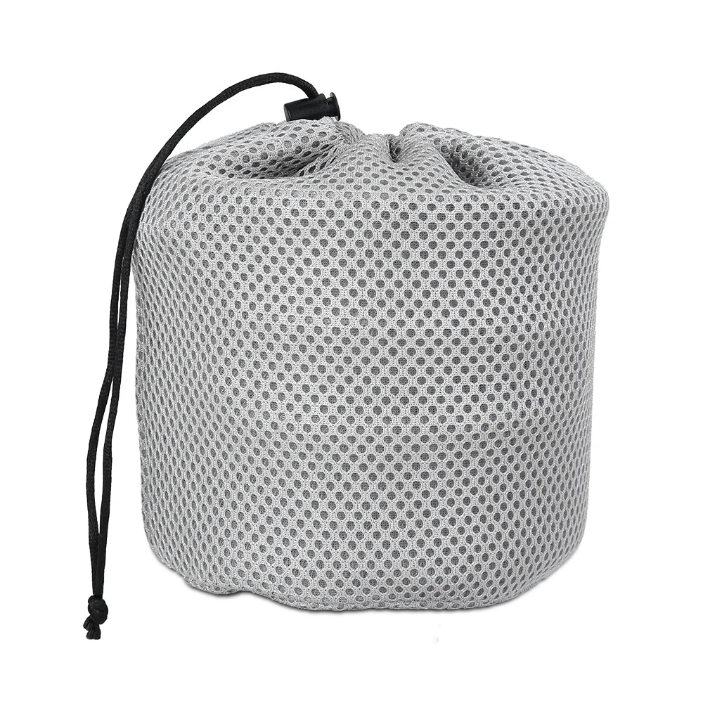 Gray mesh drawstring bag on a white background