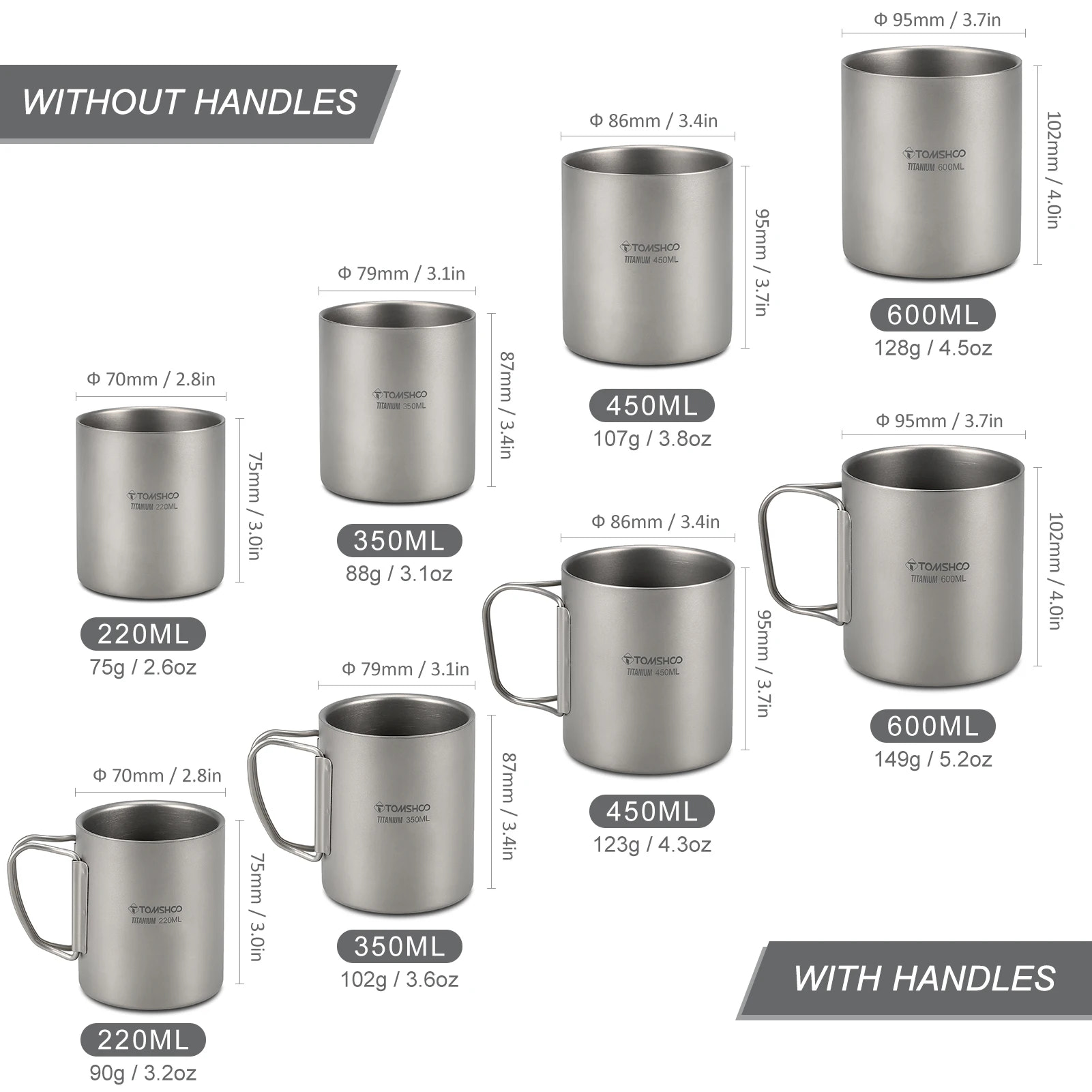Comparison of titanium mugs with and without handles, showing measurements and weights.
