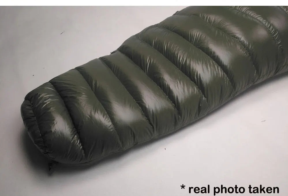 Rolled-up green sleeping bag on a gray background