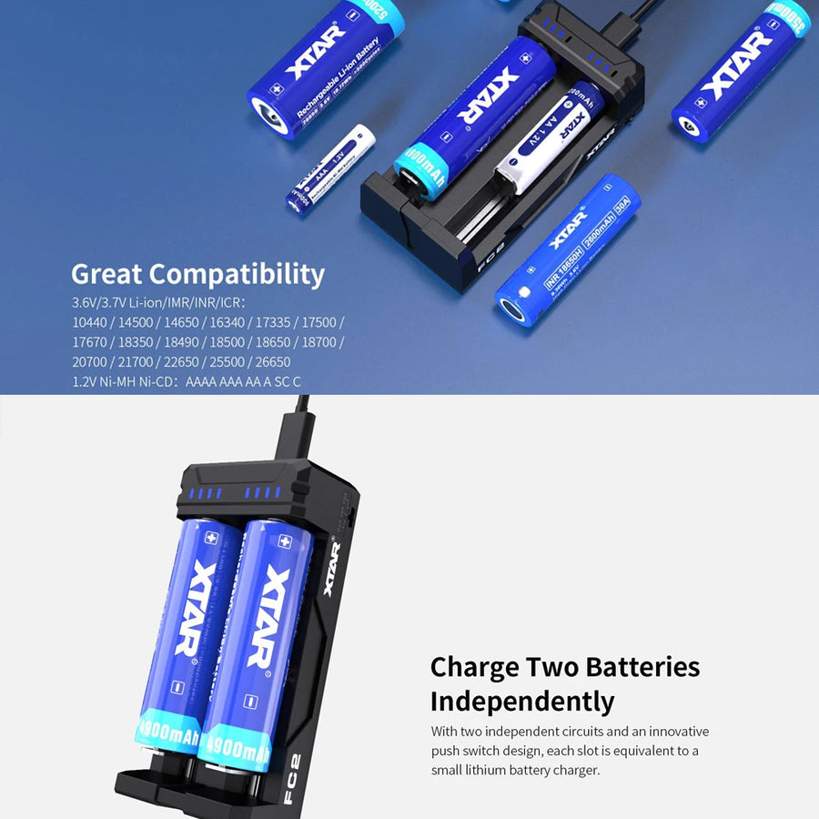 XTAR battery charger with multiple batteries on a blue background