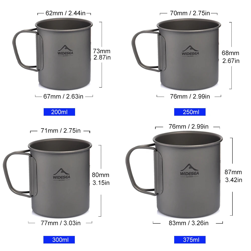 Four gray mugs with measurements and Widesea branding on a white background