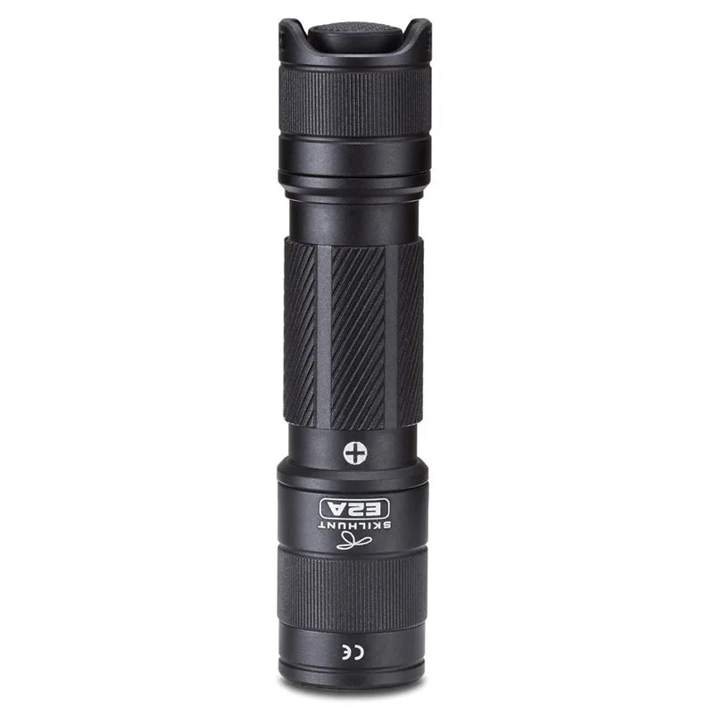 Black flashlight with visible branding on a white background