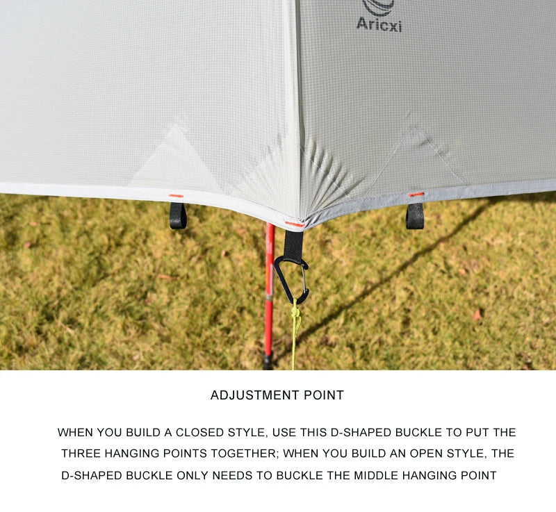 Camping tarp with Aricxi branding on a grassy background