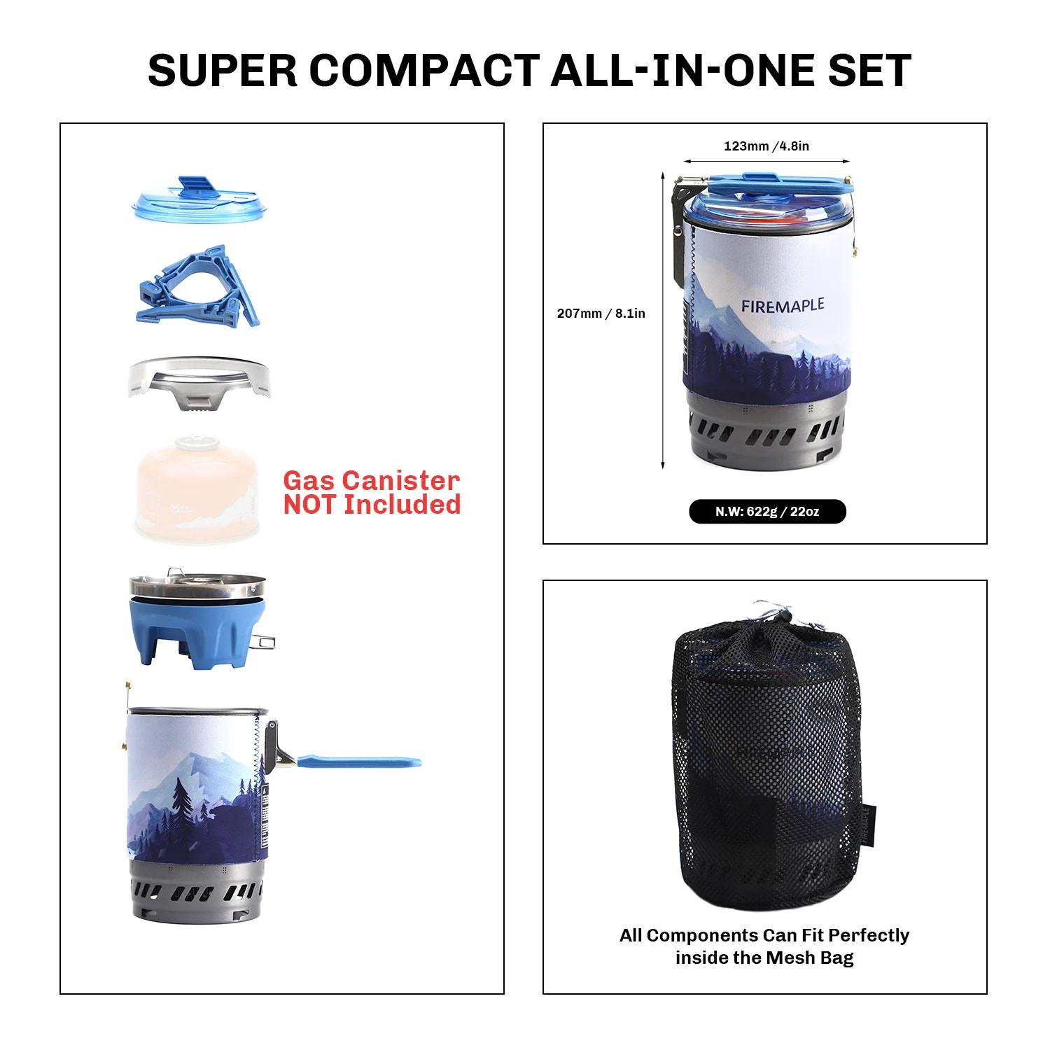 Super compact all-in-one camping stove set with components and dimensions displayed.