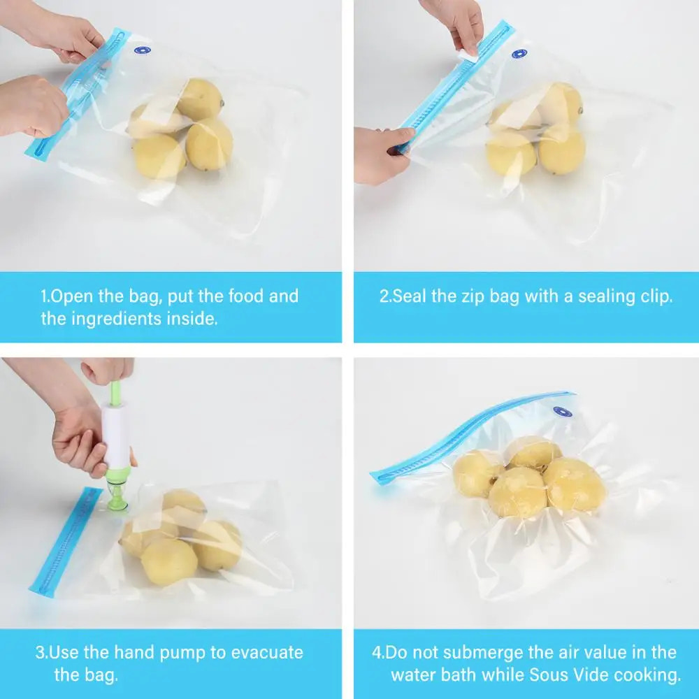 Step-by-step guide on using a sous vide bag with hand pump and sealing clip.