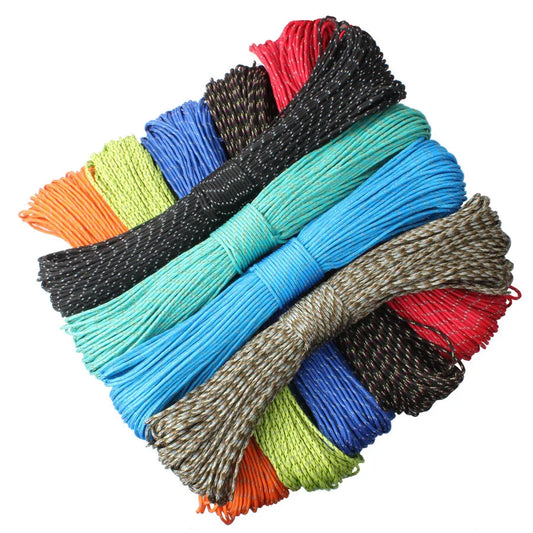 Assorted colorful paracord loops on a white background