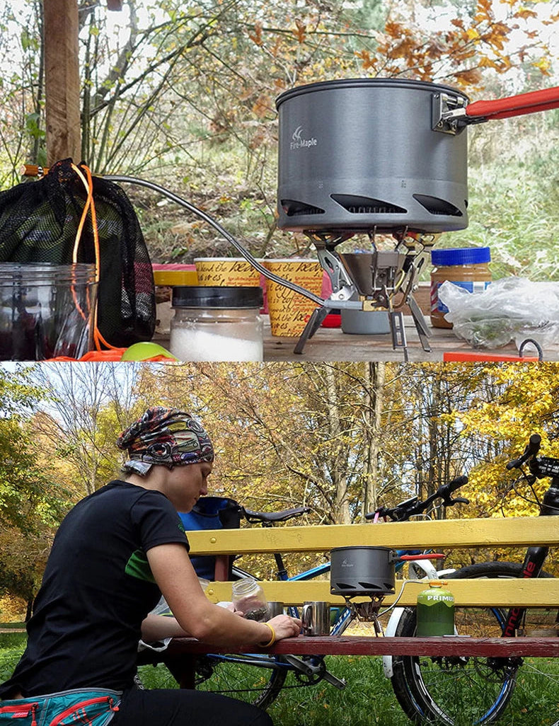 Camping stove with pot on a picnic table outdoors, surrounded by nature.