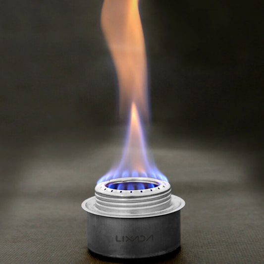 Close-up of a gas flame burning from a Lixada product on a dark background