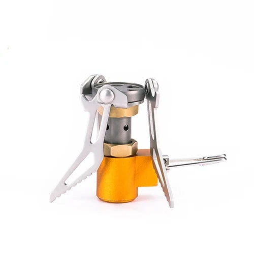 Portable camping stove with orange base and silver top on a white background