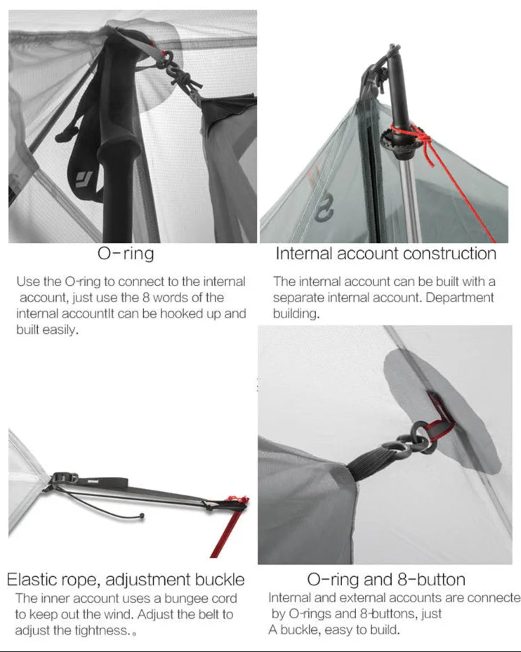 Technical diagram of a tent setup with O-ring, internal account construction, elastic rope, and adjustment buckle.
