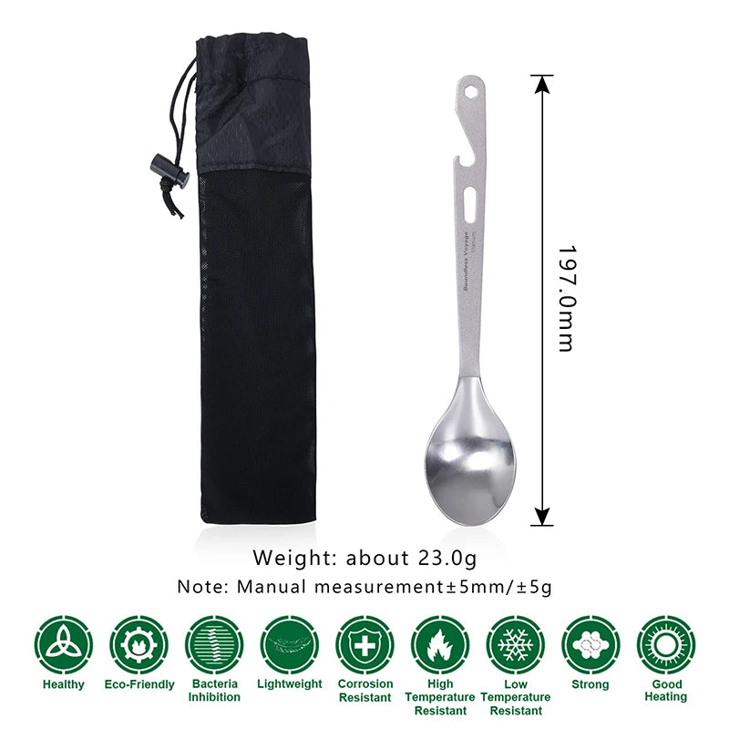 titanium spoon with black drawstring bag and measurements on a white background