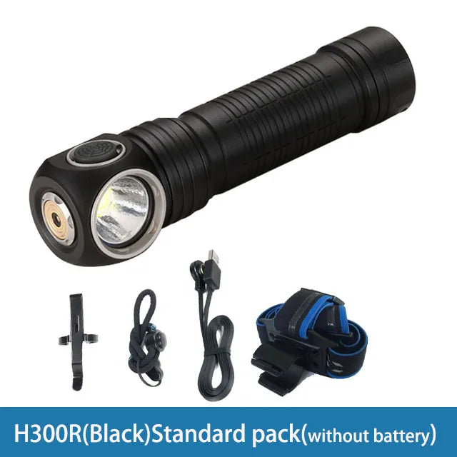 Black flashlight with accessories on a white background