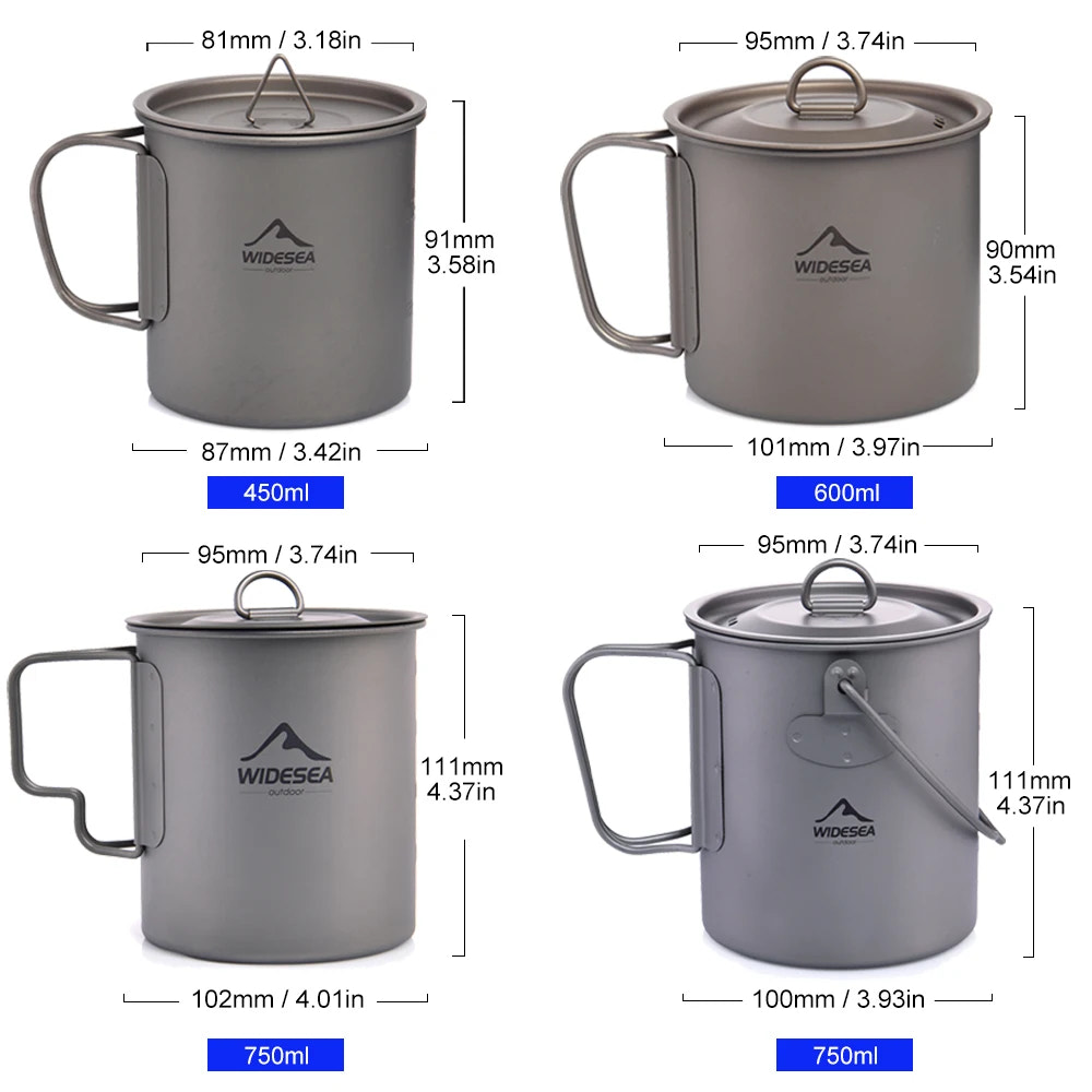 Gray camping mugs with lids and measurements on a white background
