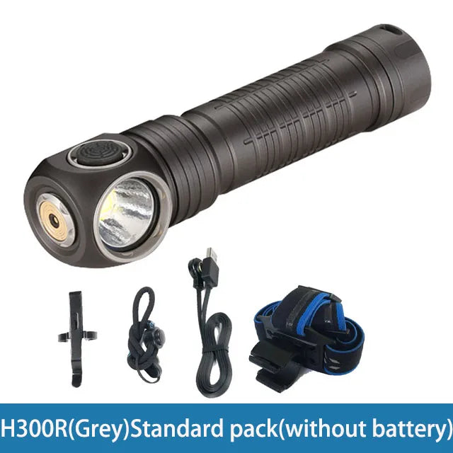 Black flashlight with accessories on a white background