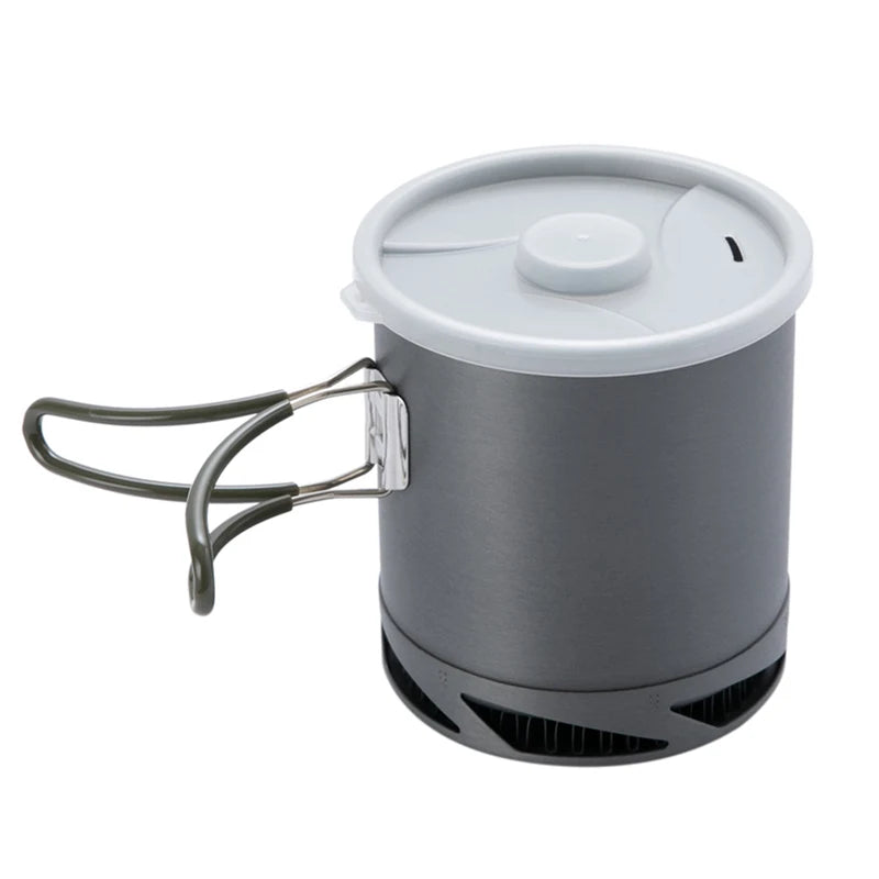 Gray camping pot with white lid on a white background