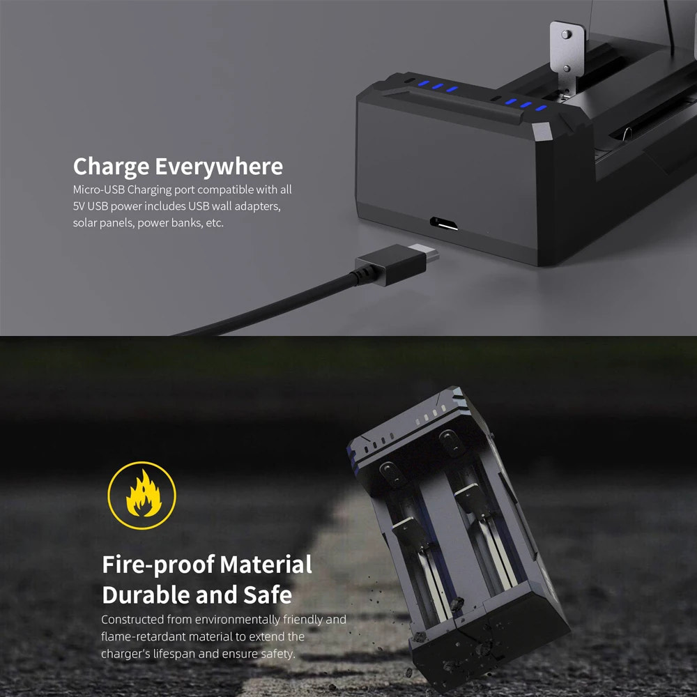 Battery charger with USB cable on a dark background, emphasizing portability and safety features.