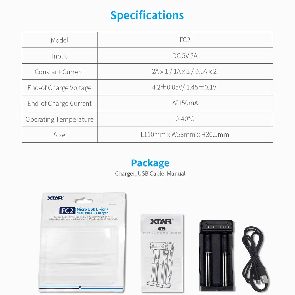 XTAR FC2 charger with packaging, USB cable, and manual on a white background